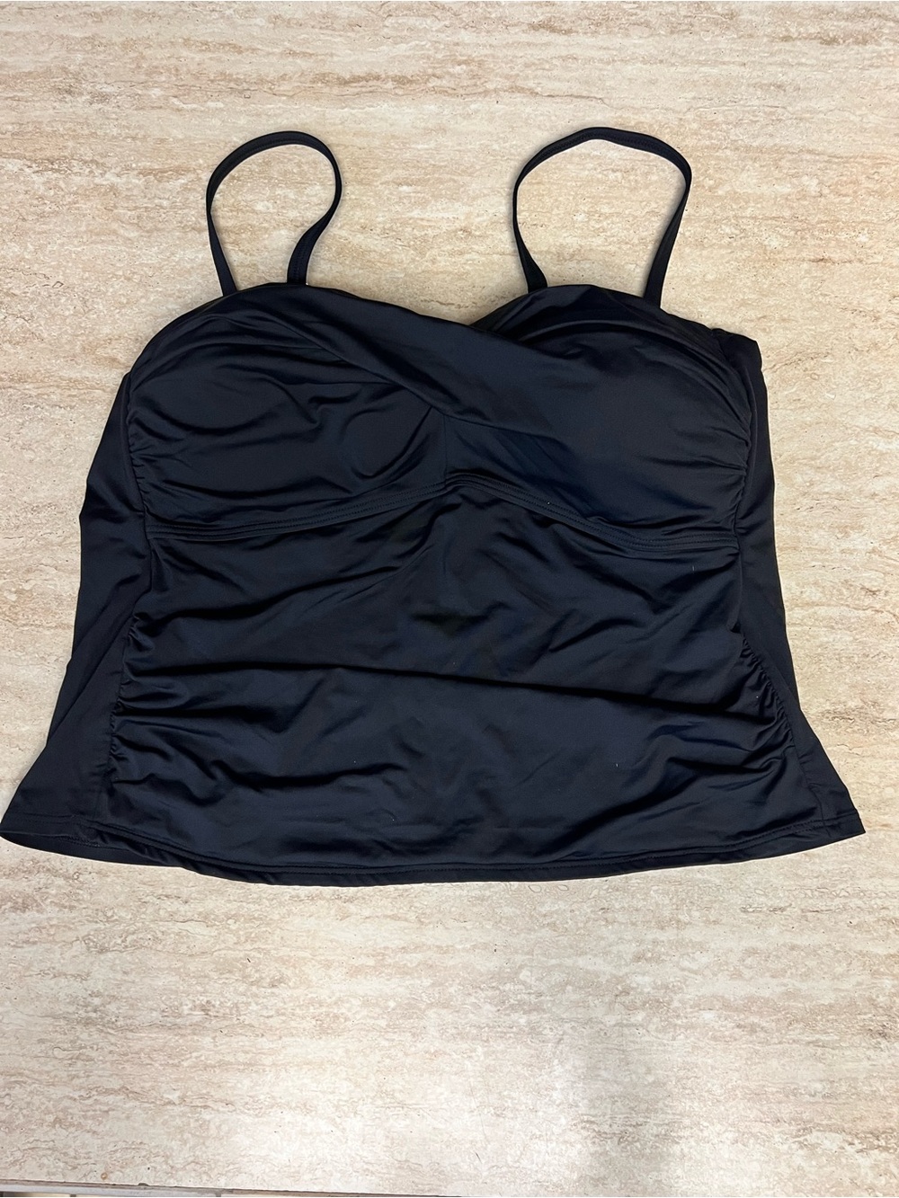 Lands' End Black Ruched Swim Tankini Top with Removable Straps